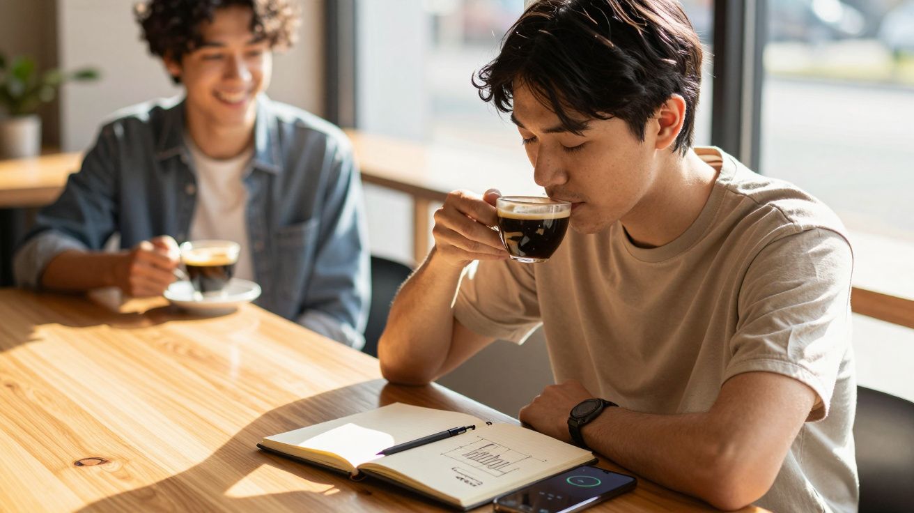 Dois jovens sentados em mesa de madeira, um bebendo café e lendo um caderno aberto em ambiente iluminado.