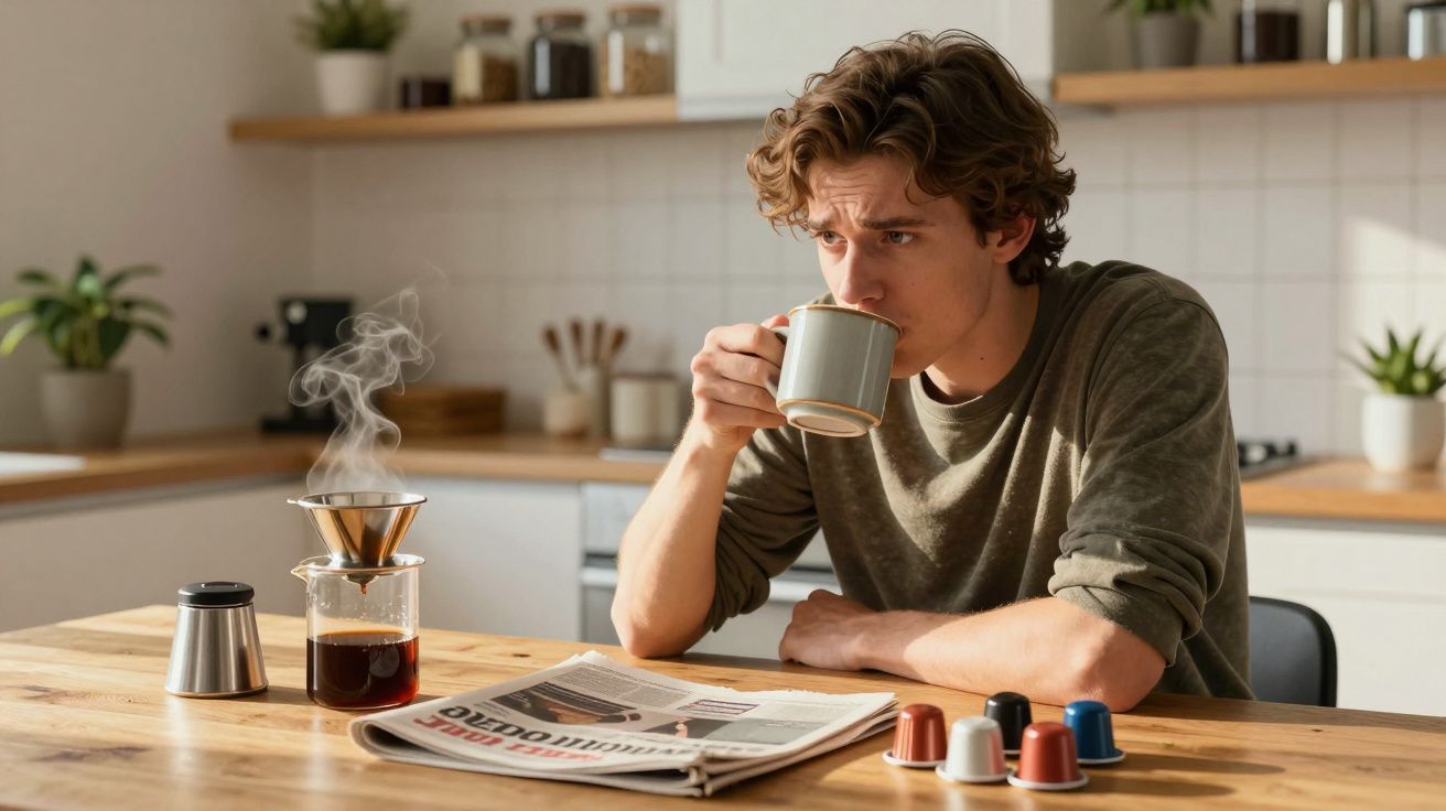 Homem sentado na cozinha bebendo café, com jornal e cápsulas de café na mesa.