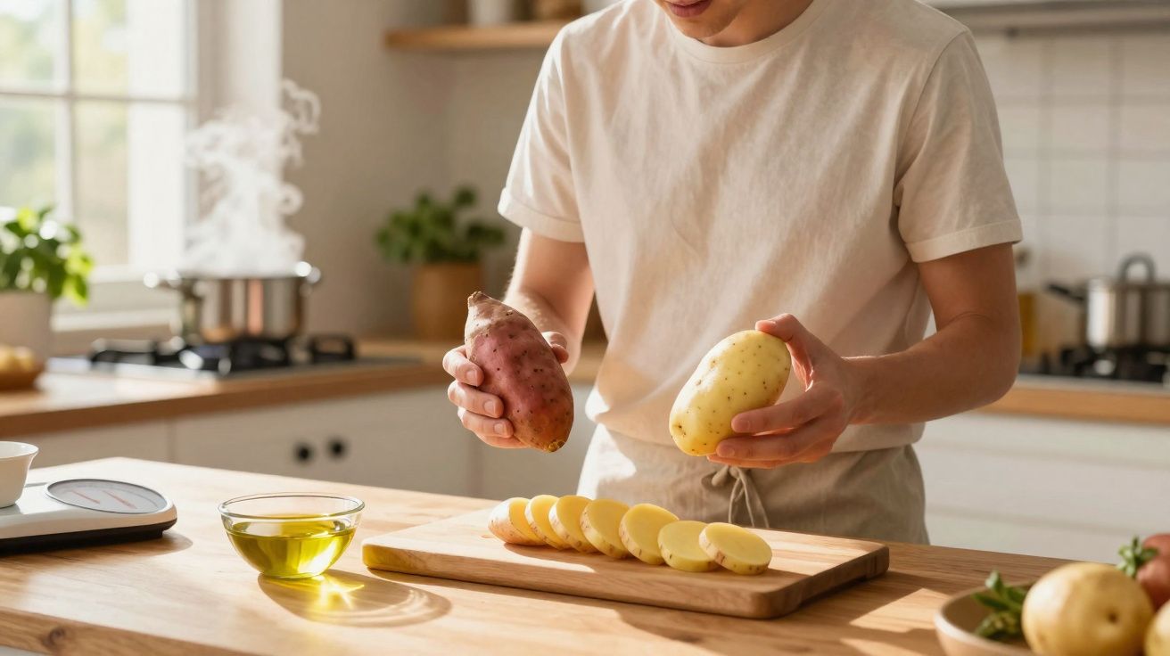 Pessoa segurando batata-doce e batata comum, com fatias de batata sobre tábua de madeira na cozinha.