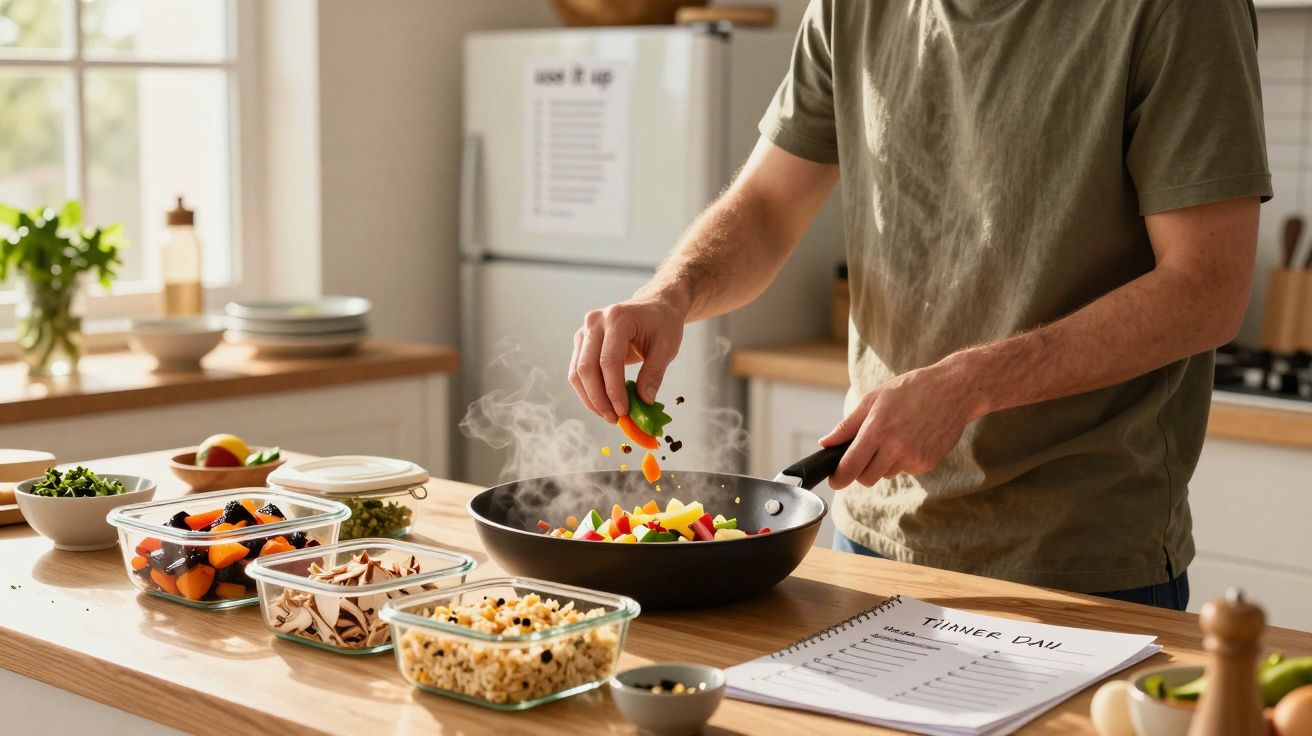 Pessoa temperando legumes coloridos em frigideira na cozinha, com tigelas de ingredientes à frente.