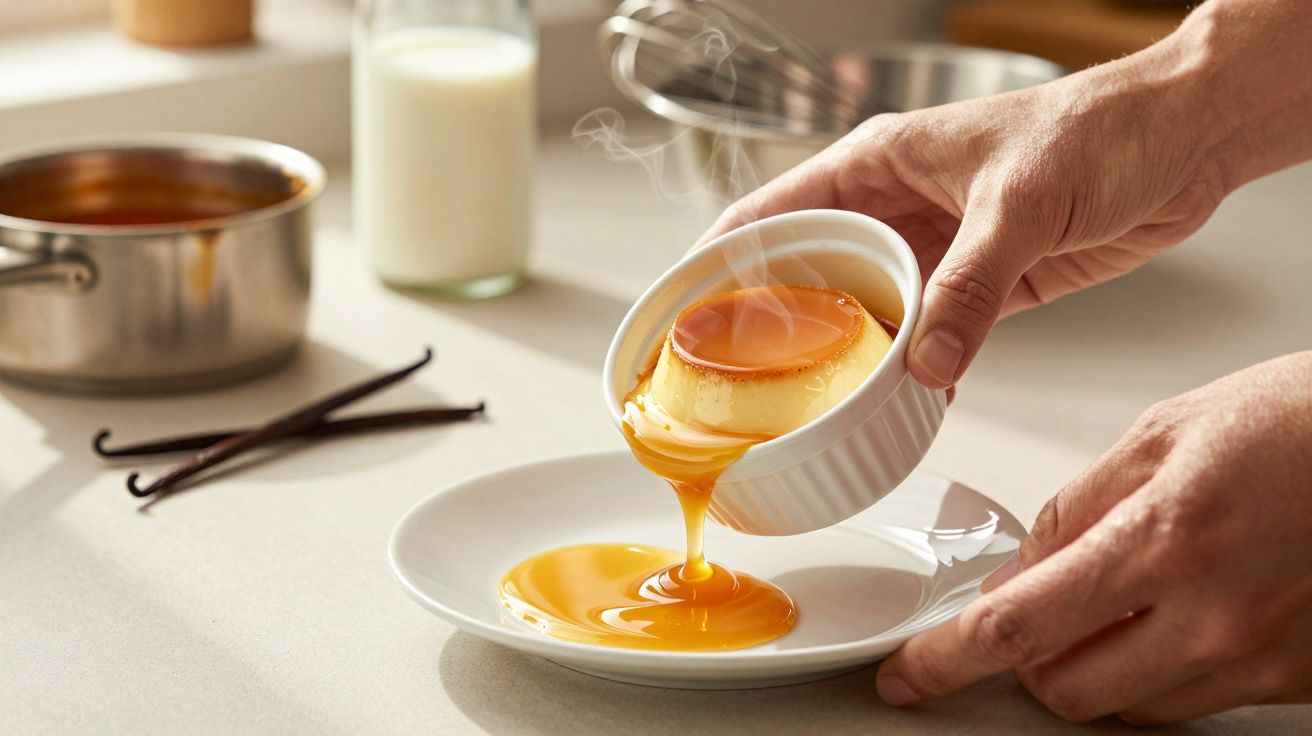 Mãos despejando pudim quente com calda de caramelo em prato branco sobre bancada de cozinha.