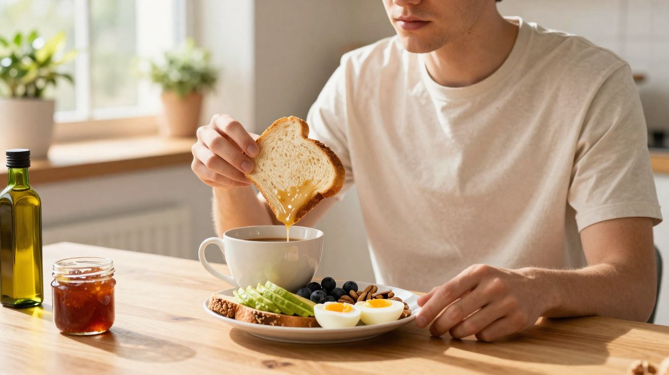 Pessoa segurando fatia de pão com mel sobre xícara, ao lado de prato com ovos, abacate e frutas.