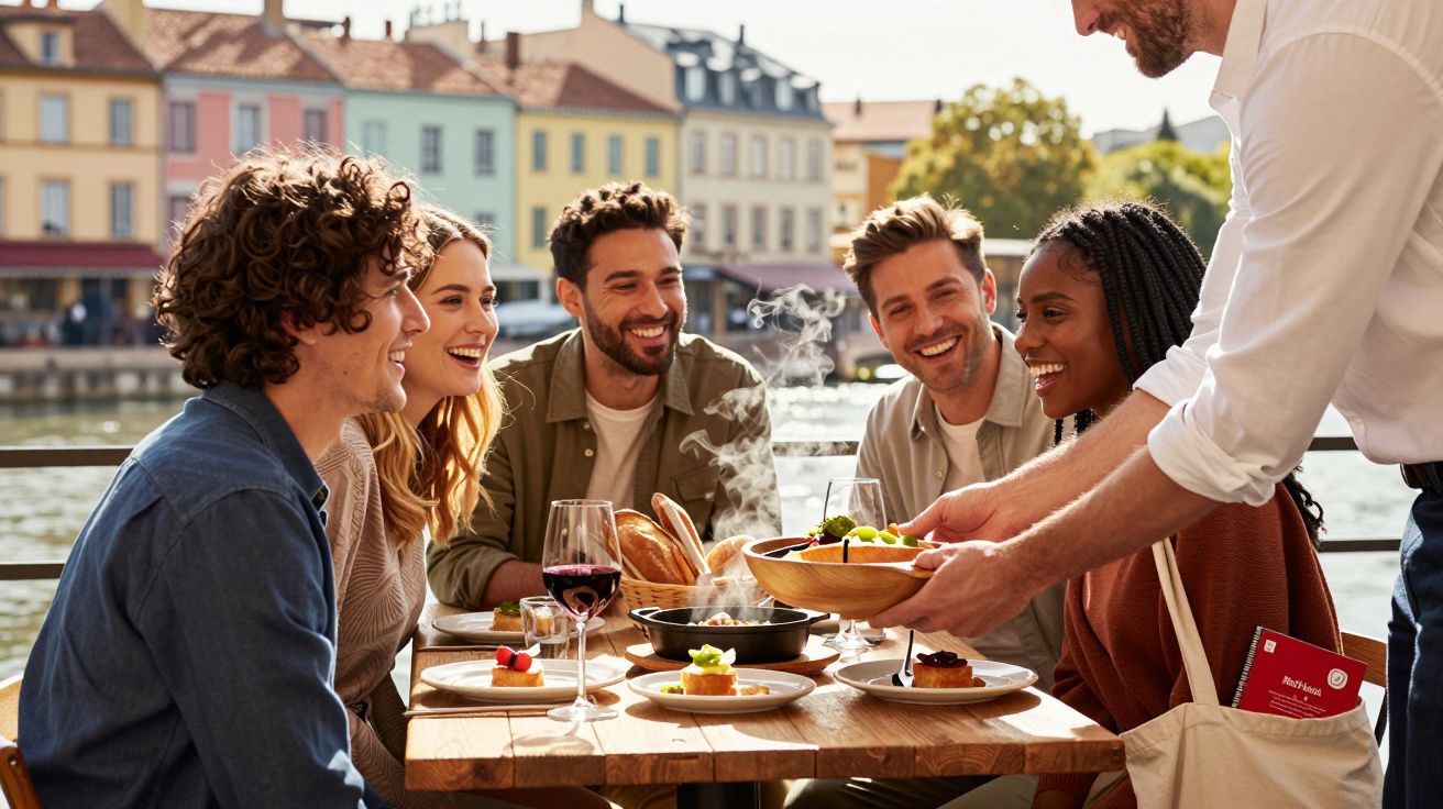 Grupo de amigos felizes jantando em restaurante ao ar livre à beira d'água com comida e vinho na mesa.