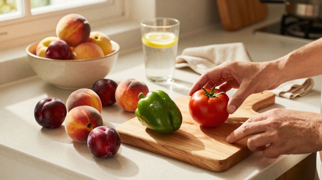 Frutas variadas e um pimentão verde sobre bancada de cozinha, mãos segurando tomate sobre tábua de cortar.