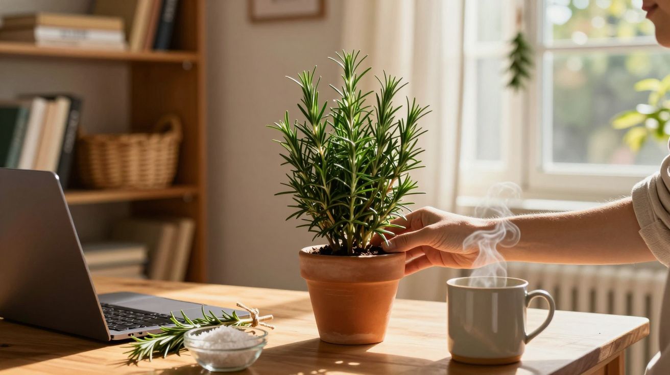 Mão ajusta vaso com planta sobre mesa com notebook, xícara com bebida quente e pote com sal.