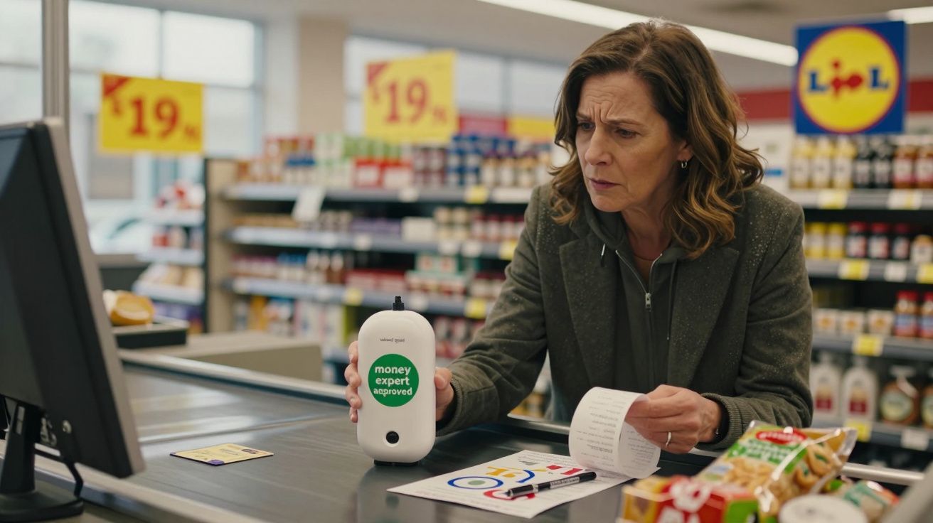 Mulher em supermercado segurando dispositivo com etiqueta "money expert approved" e olhando para recibo.