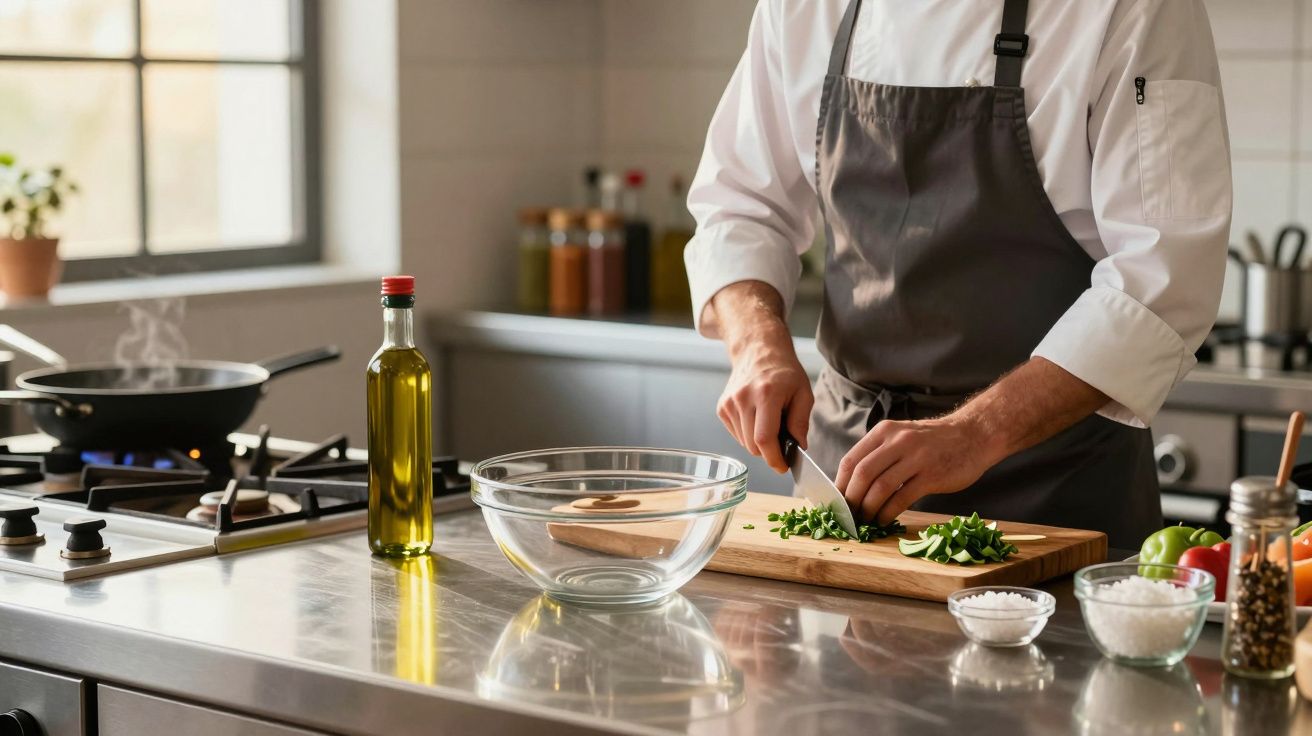 Chef cortando legumes em tábua na cozinha com fogão, azeite e temperos ao redor.