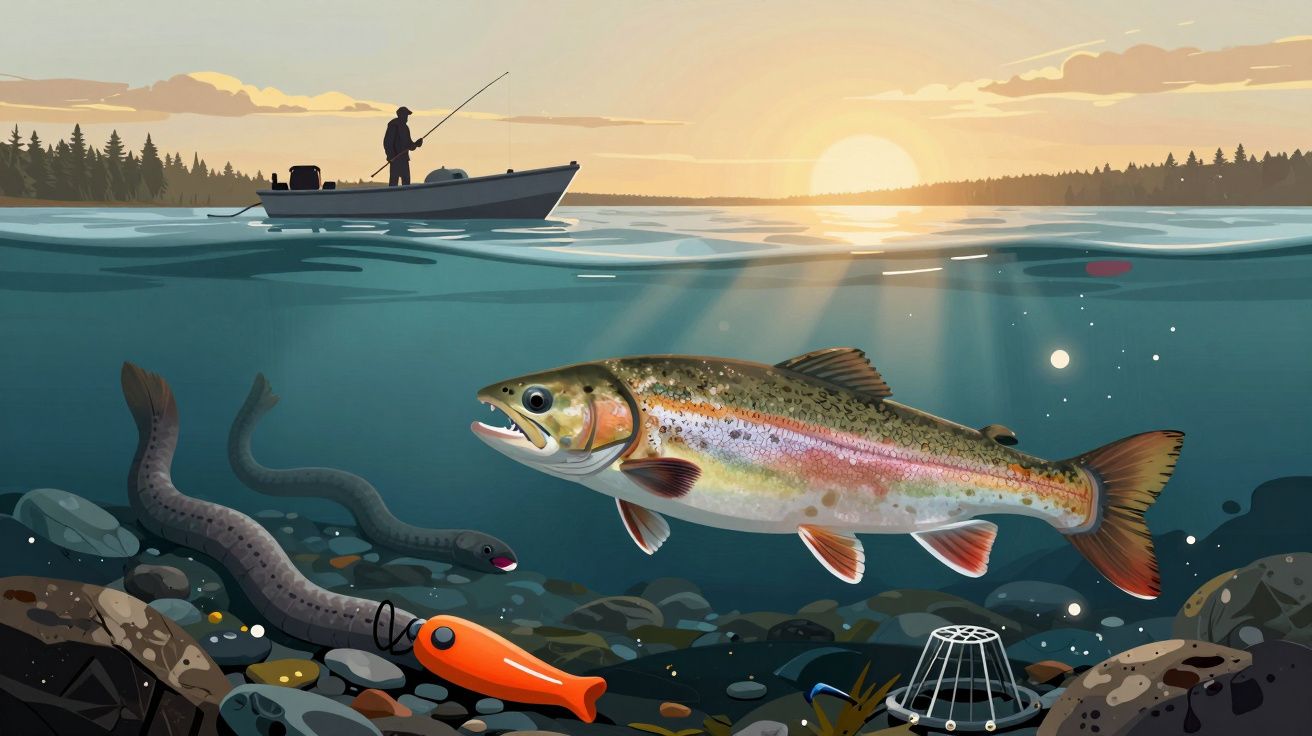 Pescador em barco ao pôr do sol com truta e enguias nadando em rio com pedras no fundo.
