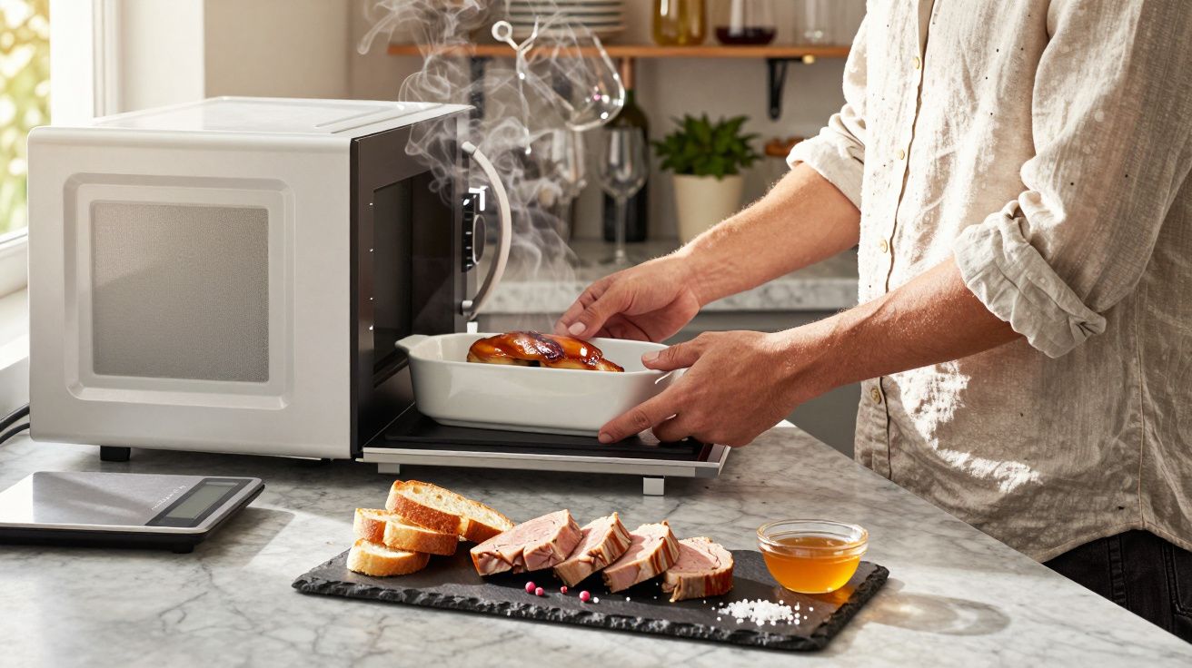 Pessoa retirando prato quente de forno micro-ondas em cozinha com frios e mel sobre bancada de mármore.