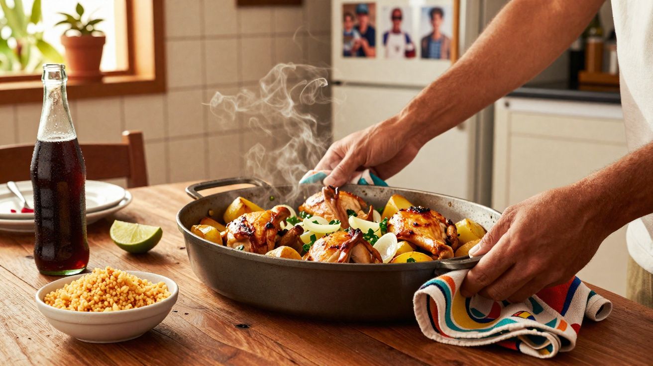Pessoa segurando assadeira com frango assado, batatas e ervas sobre mesa com arroz, limão e refrigerante.