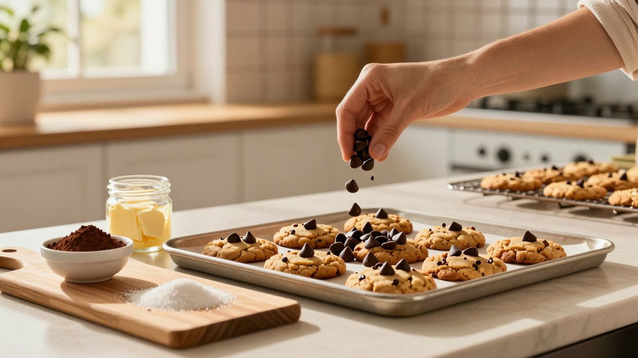 Mão colocando gotas de chocolate em biscoitos recém-assados em forma retangular na cozinha iluminada.