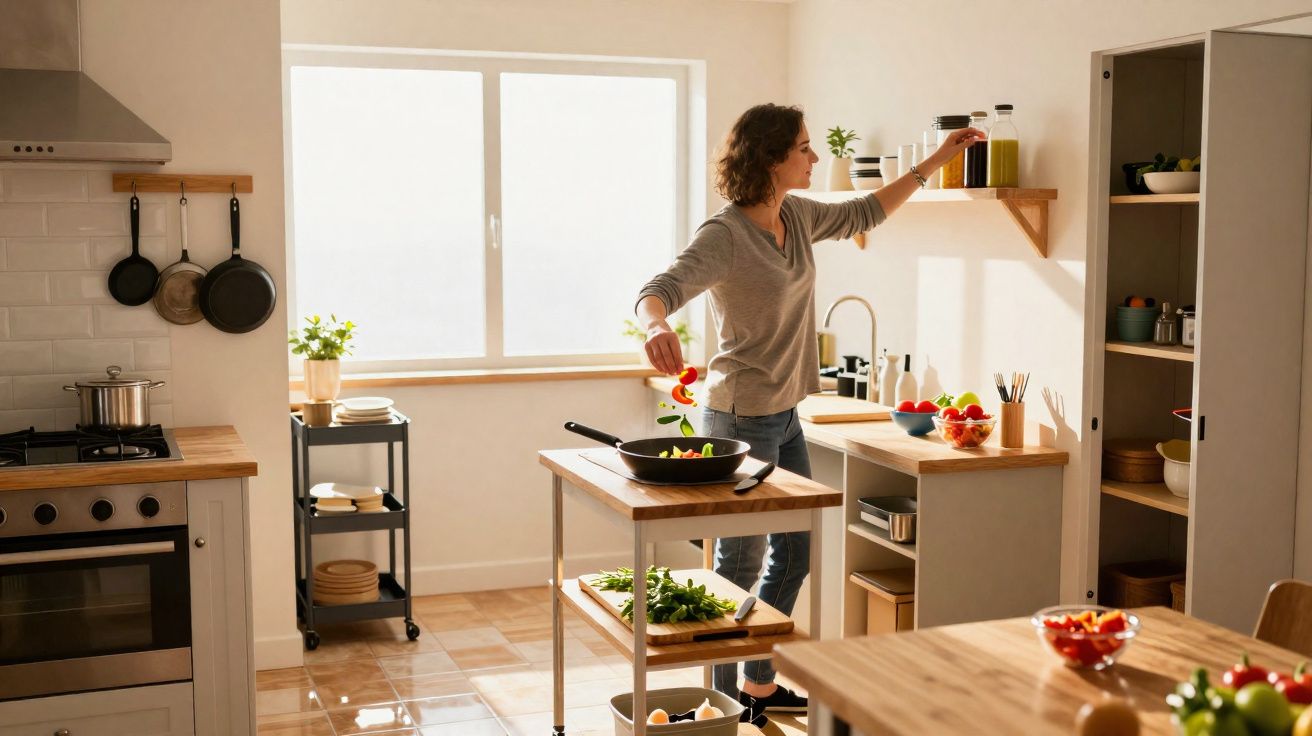 Mulher adicionando legumes na frigideira enquanto cozinha em cozinha iluminada e organizada.