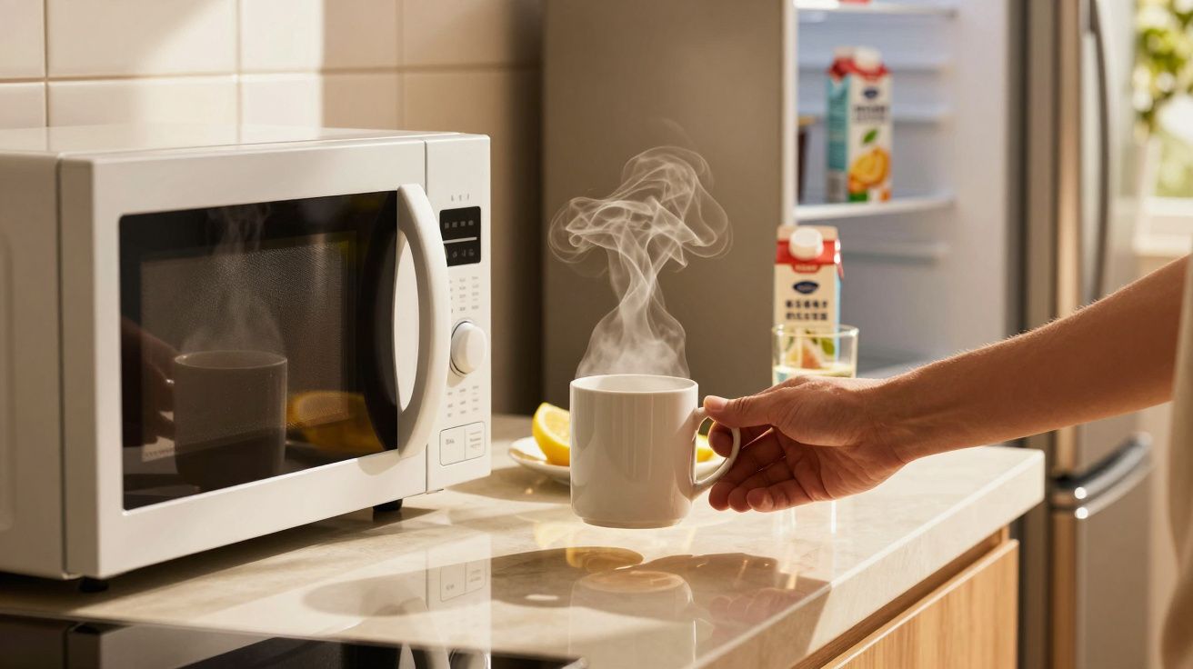 Pessoa segurando caneca fumegante perto de micro-ondas em bancada de cozinha iluminada pelo sol.