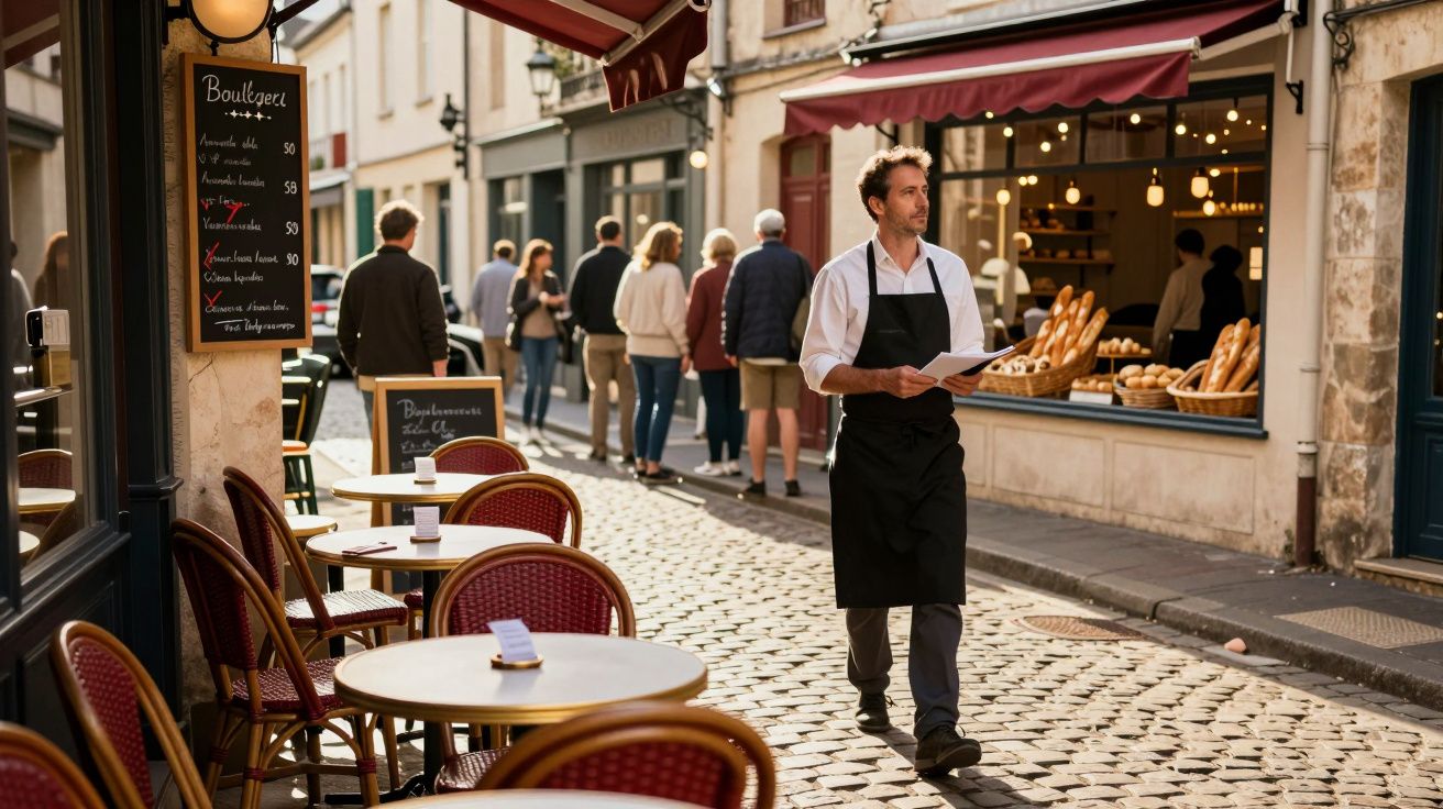 Homem com avental caminha em rua de paralelepípedo próxima a padaria e café com mesas e cadeiras vermelhas.