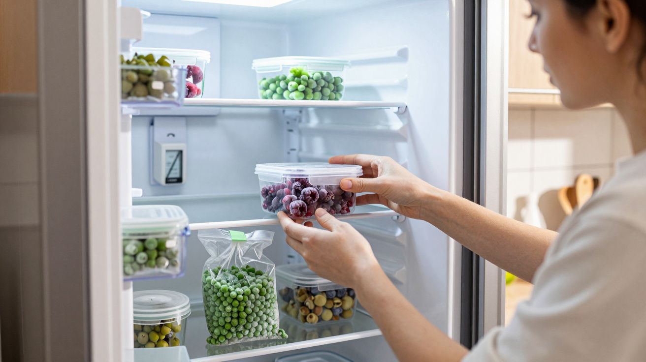 Pessoa colocando recipiente com frutas vermelhas congeladas na geladeira organizada com alimentos congelados.