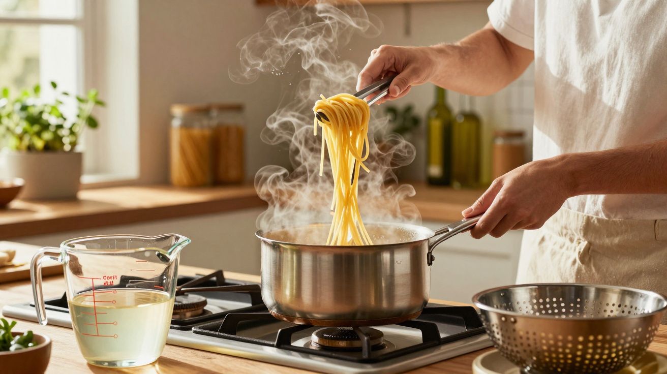 Pessoa mexendo espaguete fumegante em panela de inox sobre fogão em cozinha iluminada.