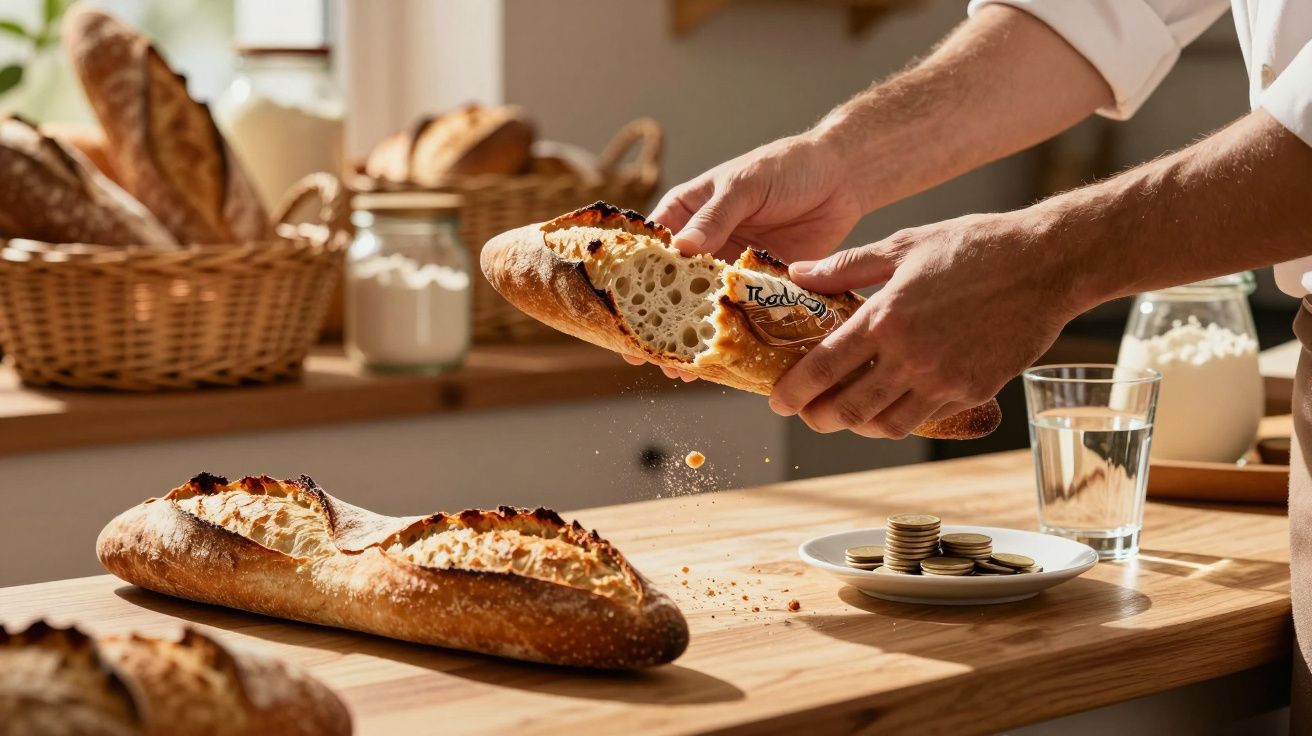 Pessoa partindo pão baguete sobre mesa de madeira com moedas em prato e jarra ao fundo