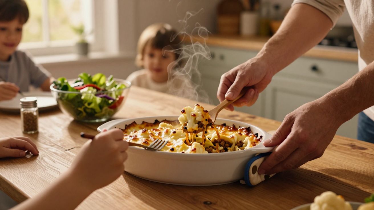 Prato de comida com purê gratinado sendo servido à mesa enquanto duas crianças aguardam ao fundo.