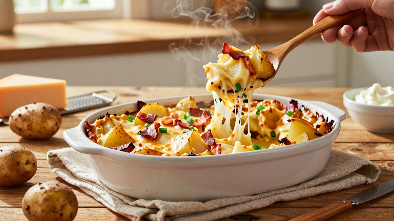 Travessa com batatas assadas, queijo derretido, pedaços de bacon e cebolinha, com vapor saindo.