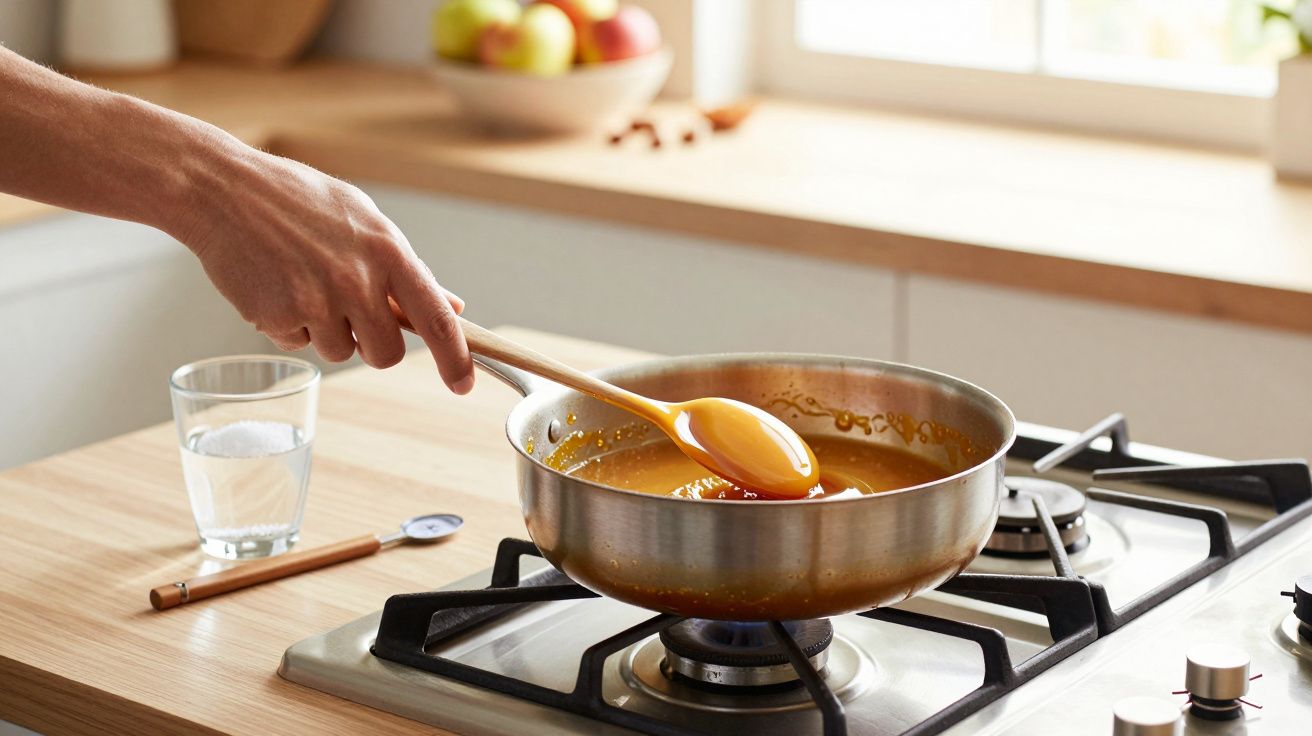 Mão mexendo molho laranja em panela de inox sobre fogão, com vidro de água e colher na bancada.