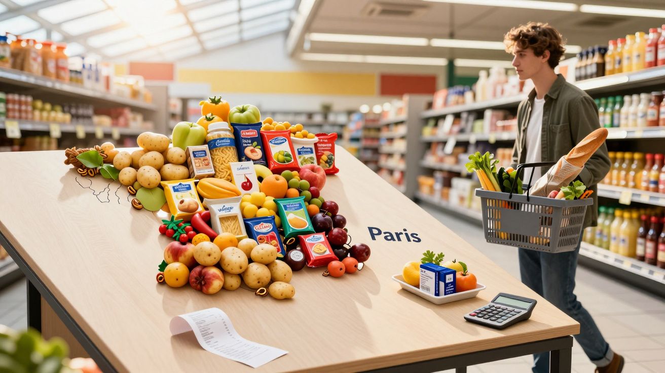 Homem com cesta de compras observa mesa com alimentos dispostos em mapa da França em supermercado.