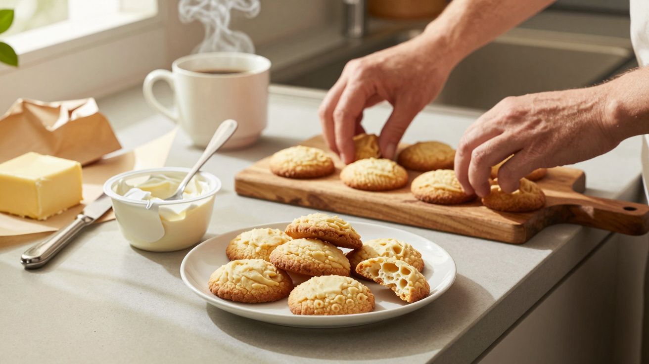 Mãos organizando biscoitos de amêndoa em tábua, com mais biscoitos e café quente em prato na bancada.