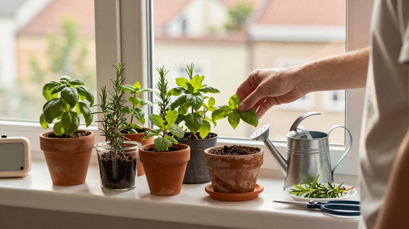 Mãos cuidando de vasos com plantas de ervas em um peitoril de janela iluminado pela luz natural.
