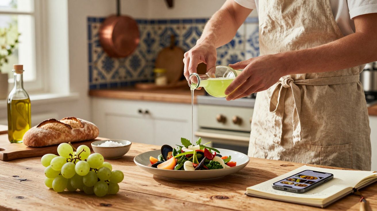 Pessoa derramando molho em salada fresca na cozinha com uvas, pão e celular sobre a mesa de madeira.