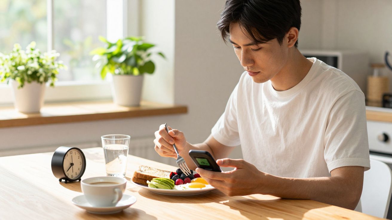 Homem jovem comendo café da manhã saudável olhando para celular em mesa iluminada por luz natural.