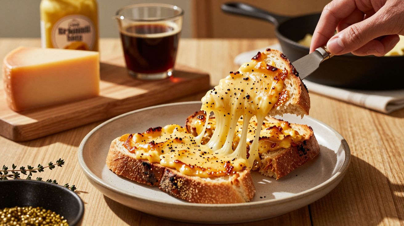 Torrada com queijo gratinado e pimenta preta sendo servida em prato branco sobre mesa de madeira.