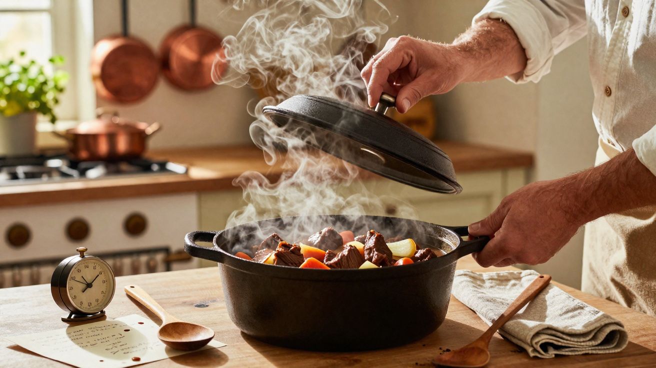 Pessoa abrindo panela de ferro com cozido fumegante em cozinha rústica iluminada pela luz natural.