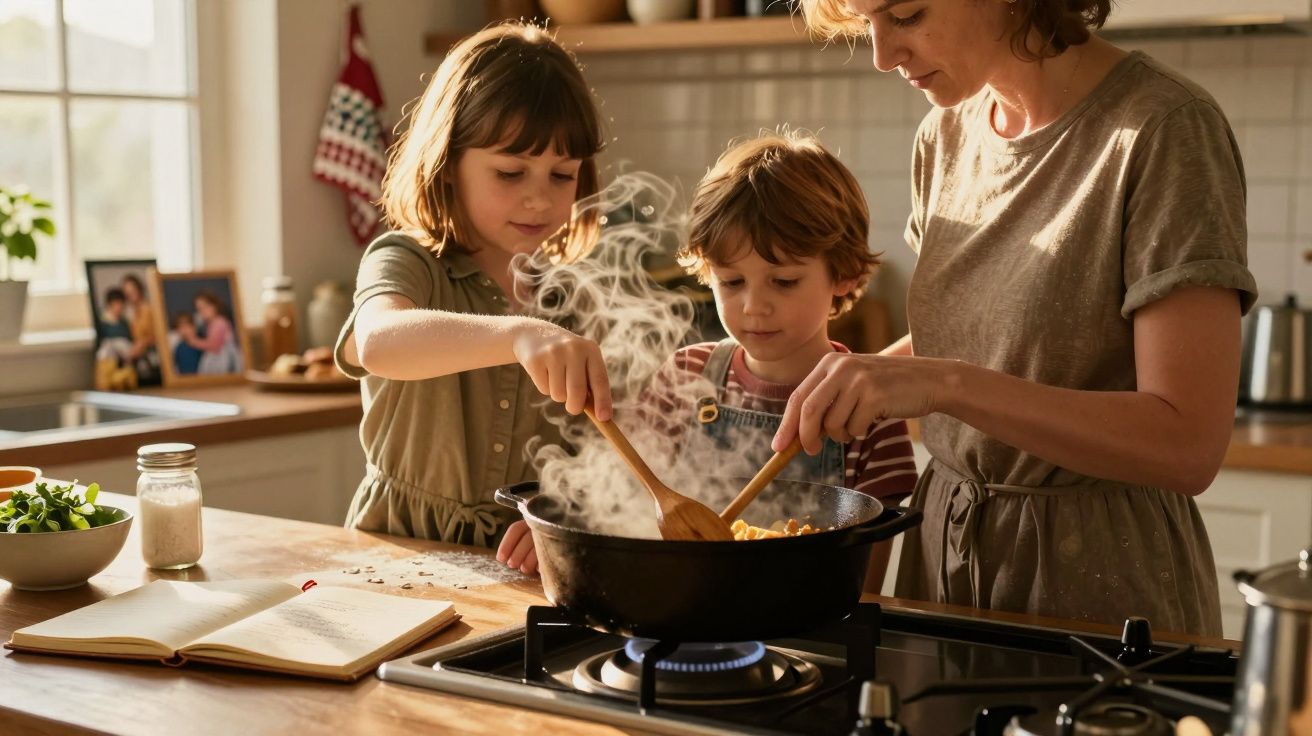 Mãe e duas crianças cozinhando juntas em fogão com panela fumegante em cozinha iluminada.