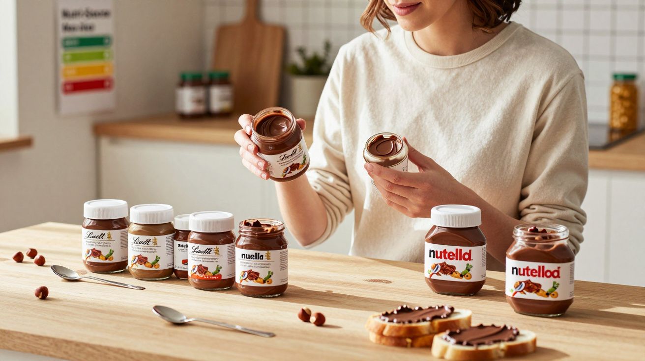 Pessoa segurando potes de creme de avelã Lindt e Nutella sobre mesa com torradas e avelãs.