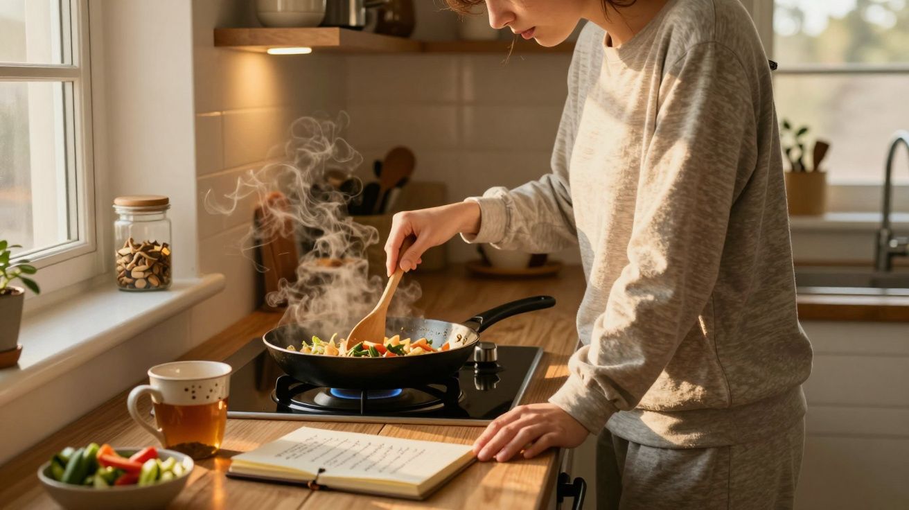 Pessoa cozinhando legumes em frigideira no fogão com livro de receitas aberto na bancada da cozinha.