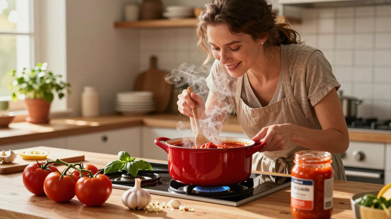 Mulher sorridente mexendo molho vermelho em panela vermelha ao fogão em cozinha iluminada.