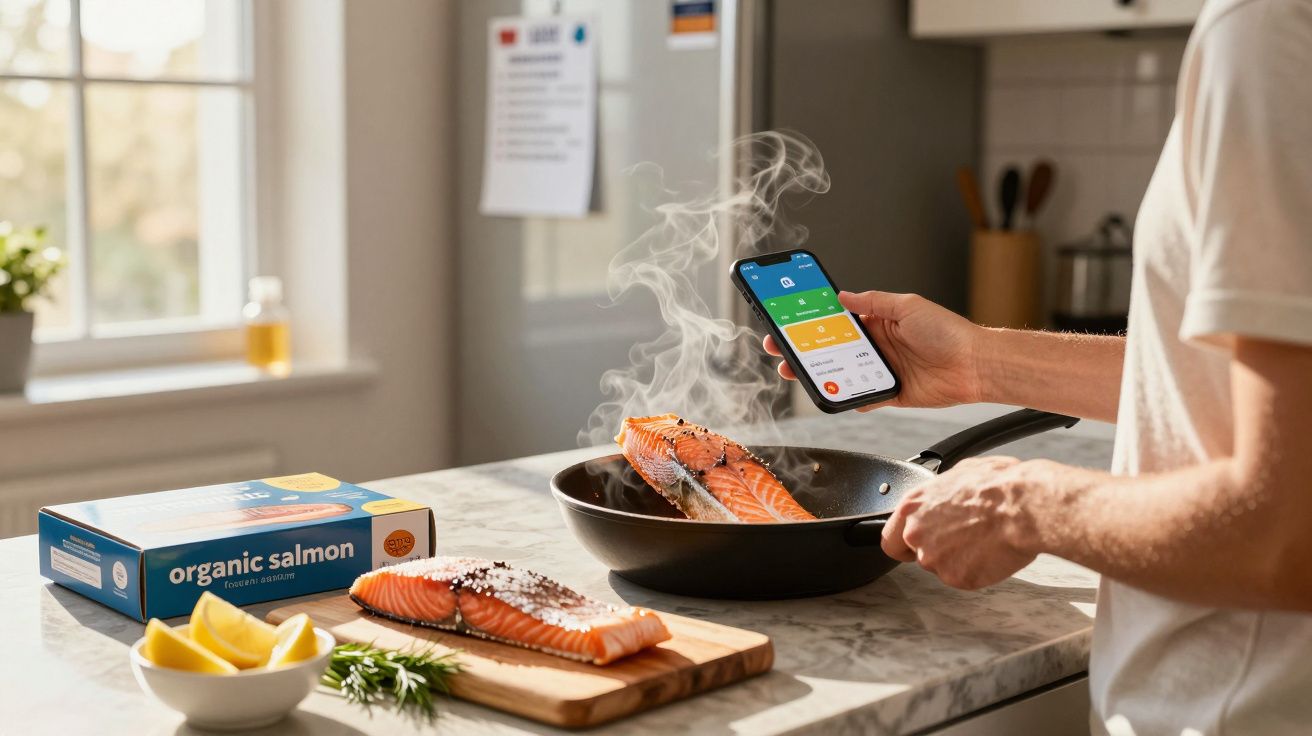 Pessoa cozinhando salmão orgânico em frigideira enquanto segura celular na cozinha iluminada.