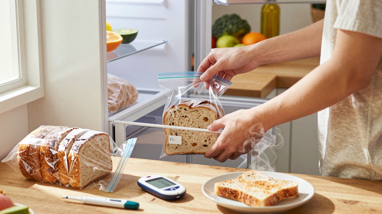 Pessoa guardando fatias de pão em saco plástico na cozinha, com torrada e monitor de glicose à vista.