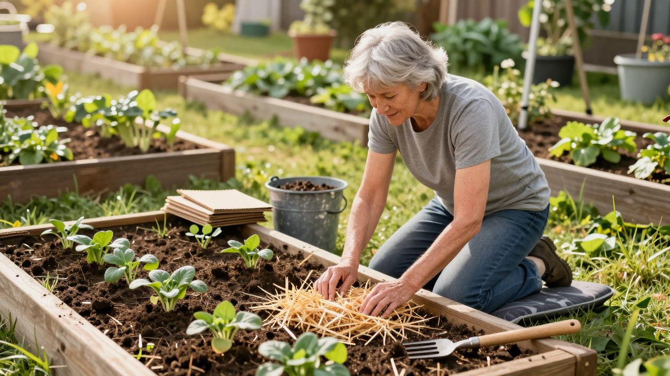 Mulher idosa cuidando de plantas em canteiro elevado de jardim ensolarado, com ferramentas e palha.