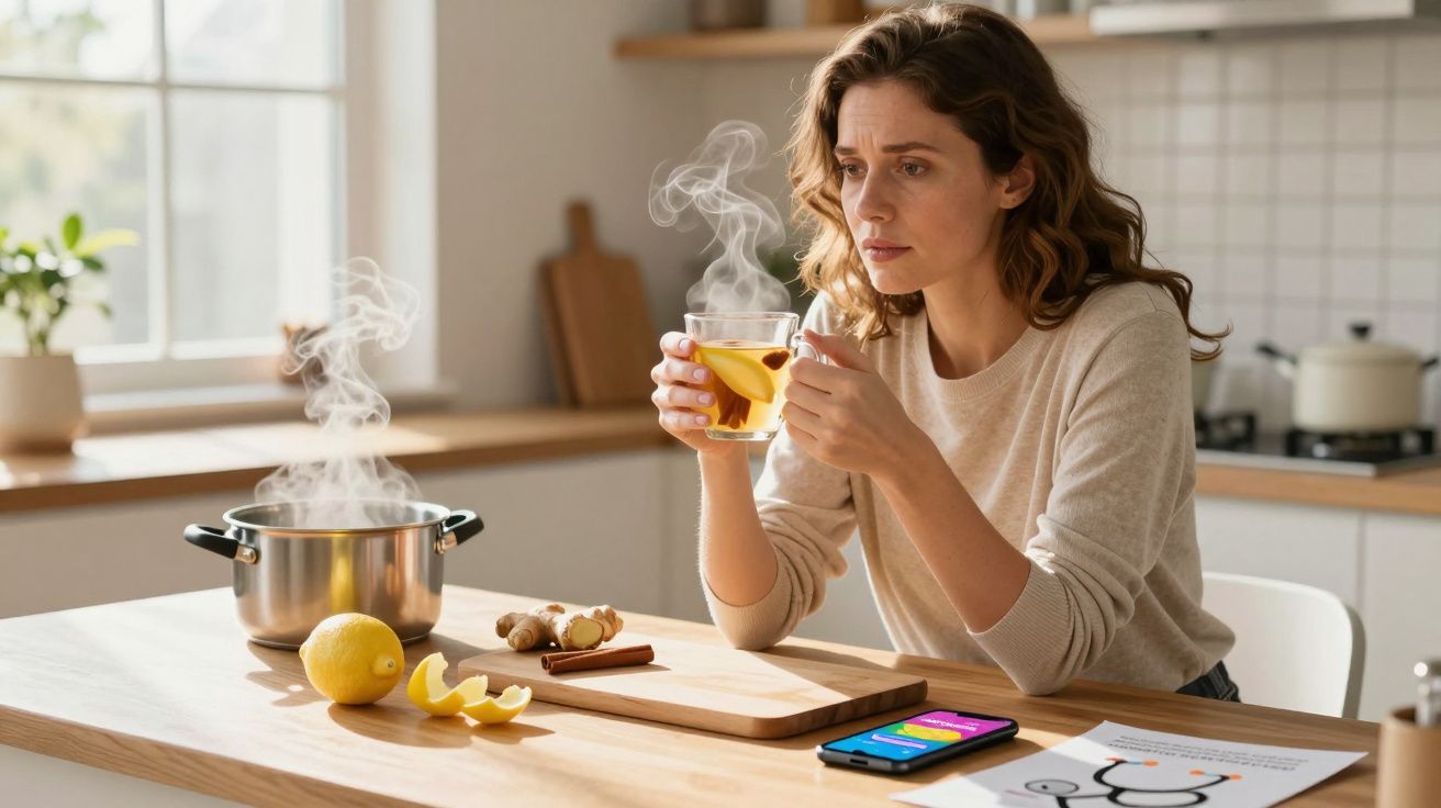 Mulher sentada na cozinha segurando chá quente com limão, gengibre, canela e celular sobre a mesa.