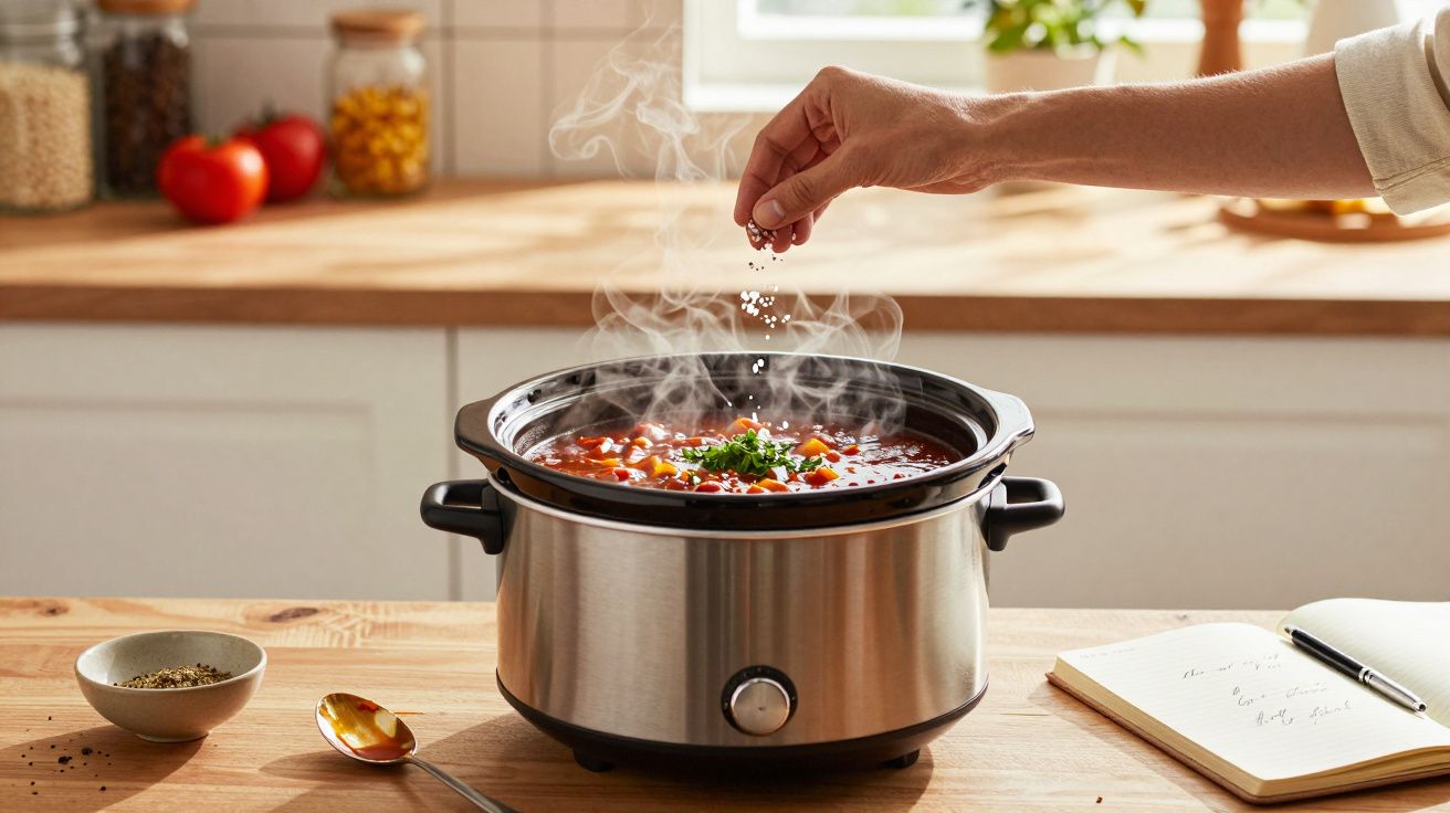 Mão salpicando sal em panela elétrica com sopa quente fumegante sobre bancada de madeira.