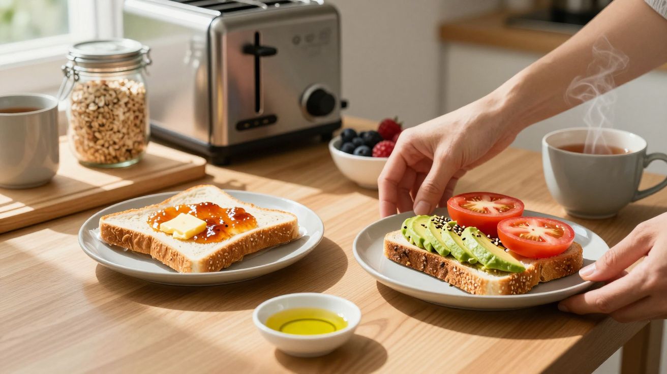Mesa de café com torradas, uma com manteiga e geleia, outra com abacate e tomate, e café fumegante.