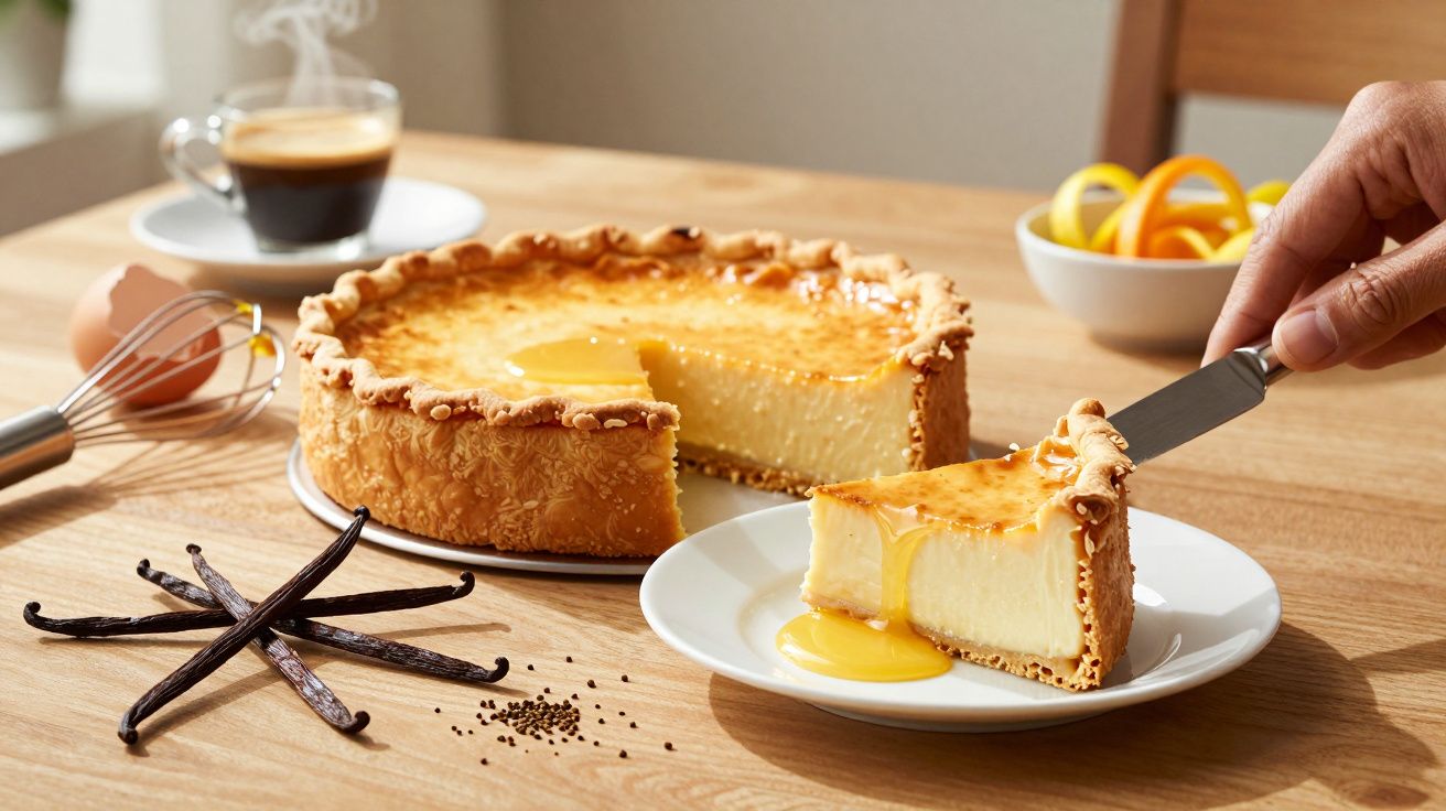 Torta de creme com calda dourada sendo servida, com café, ovos e favas de baunilha ao fundo.