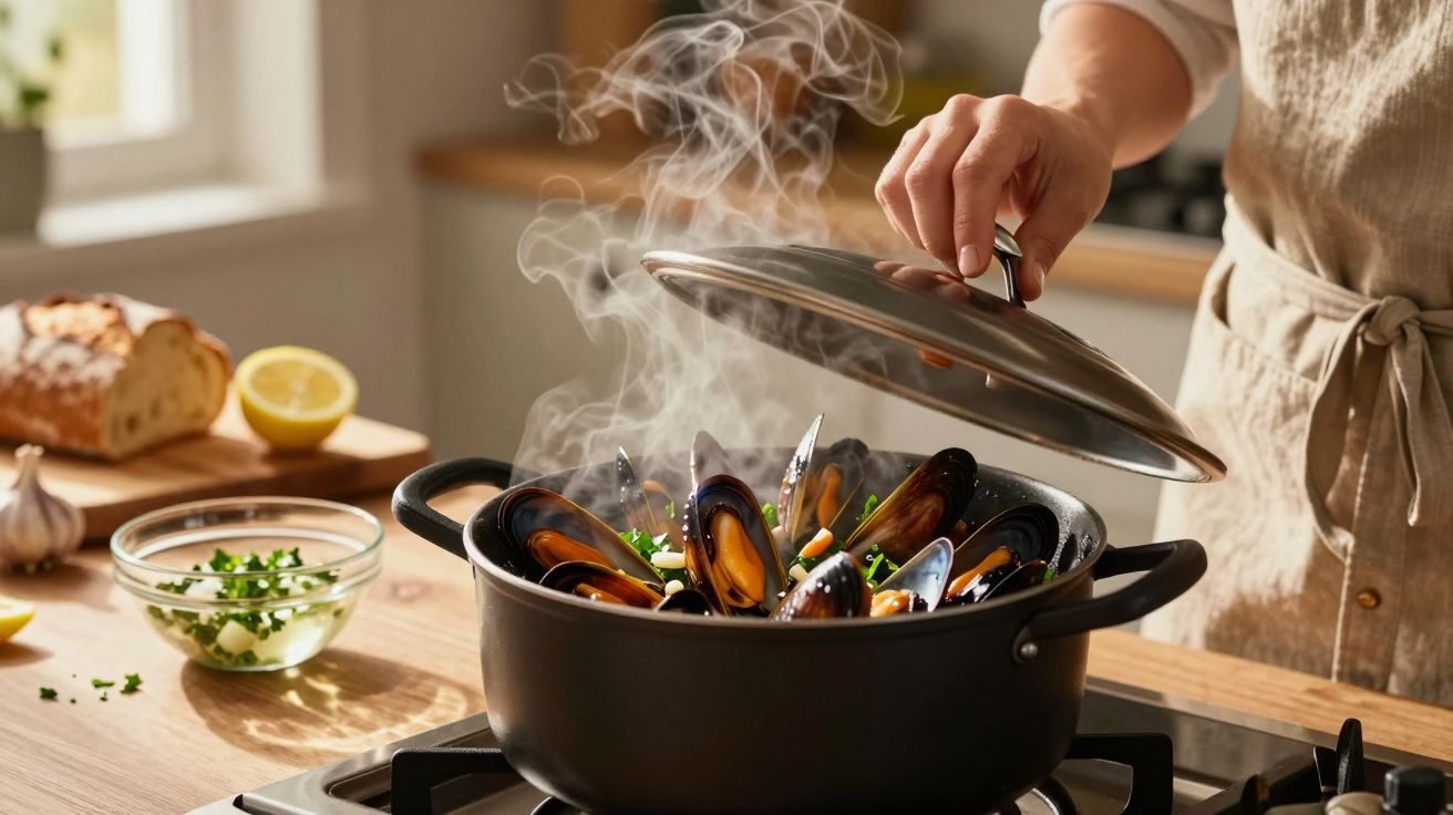 Mãos retirando tampa de panela com mexilhões cozidos, vapores e ervas na cozinha ensolarada.