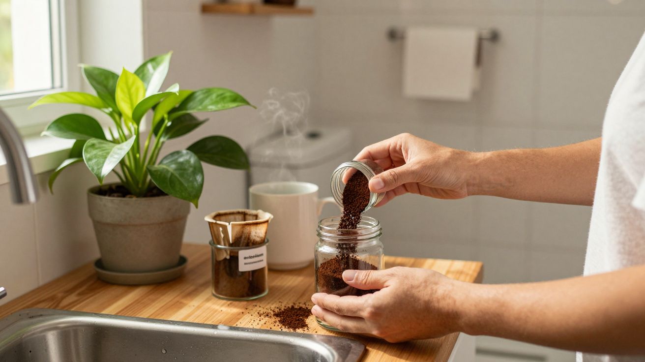 Mãos femininas colocando café moído em pote de vidro em bancada de cozinha ao lado de planta e xícara.