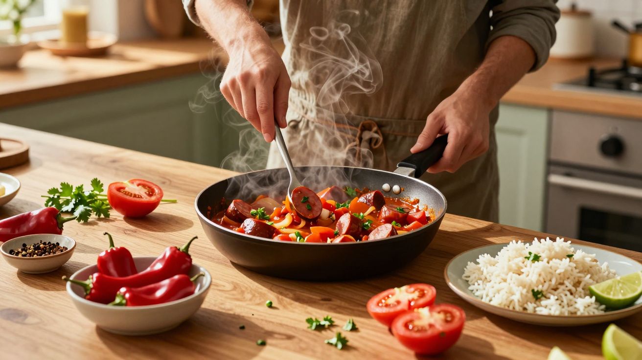 Pessoa cozinhando linguiça com legumes em frigideira em cozinha com ingredientes frescos na bancada