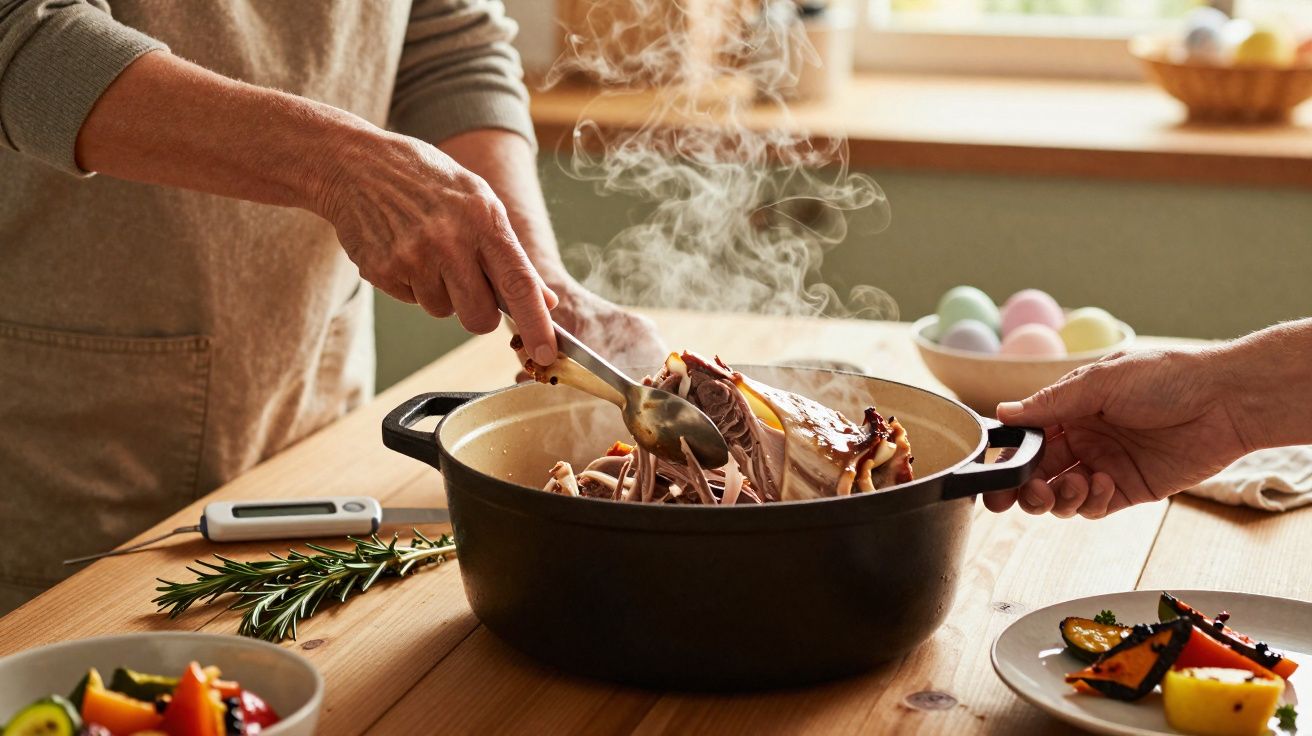 Duas pessoas retirando fatias de carne quente em panela preta sobre mesa de madeira com refeição ao redor.