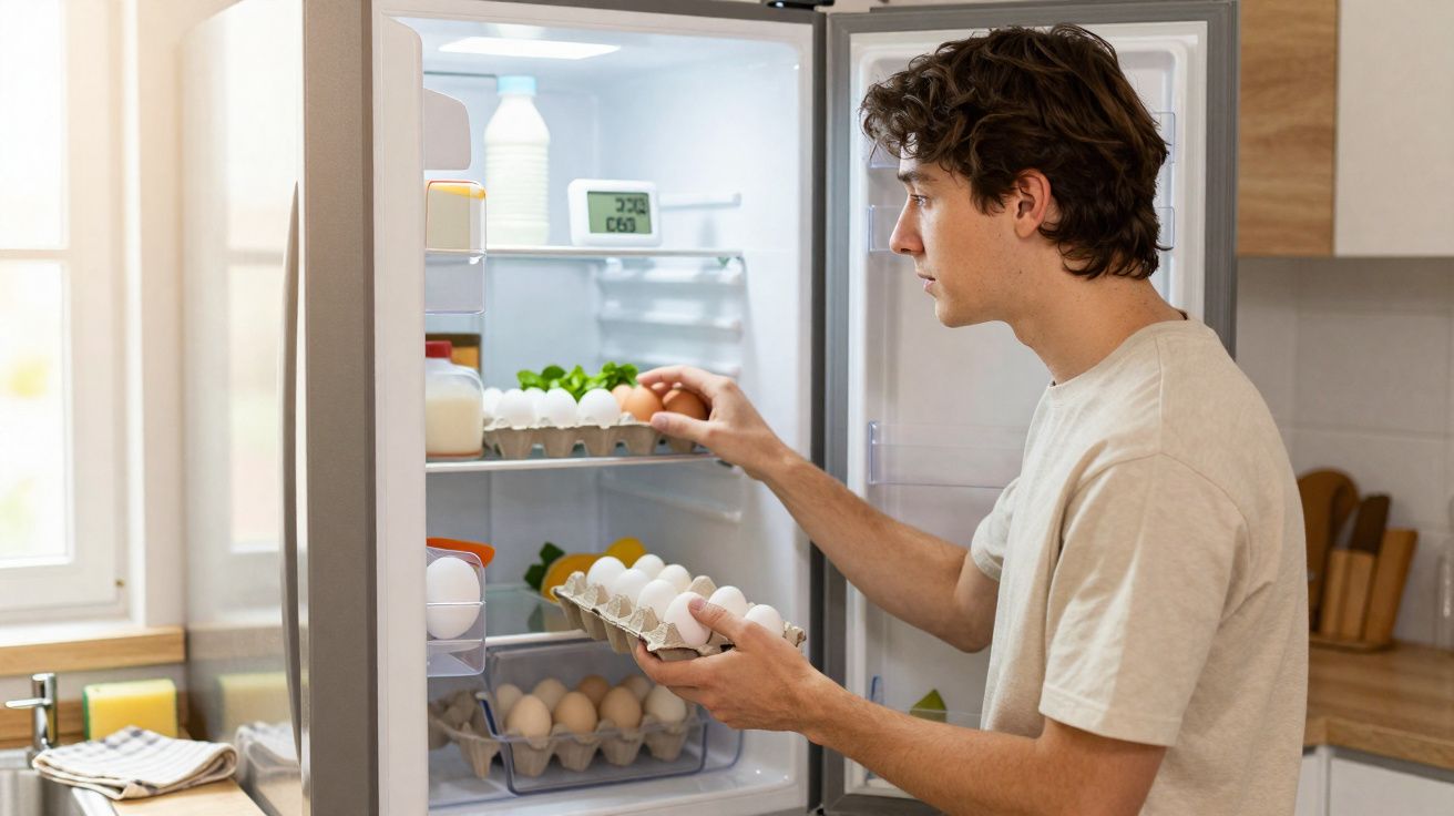 Jovem retirando ovos da geladeira aberta em cozinha iluminada durante o dia.