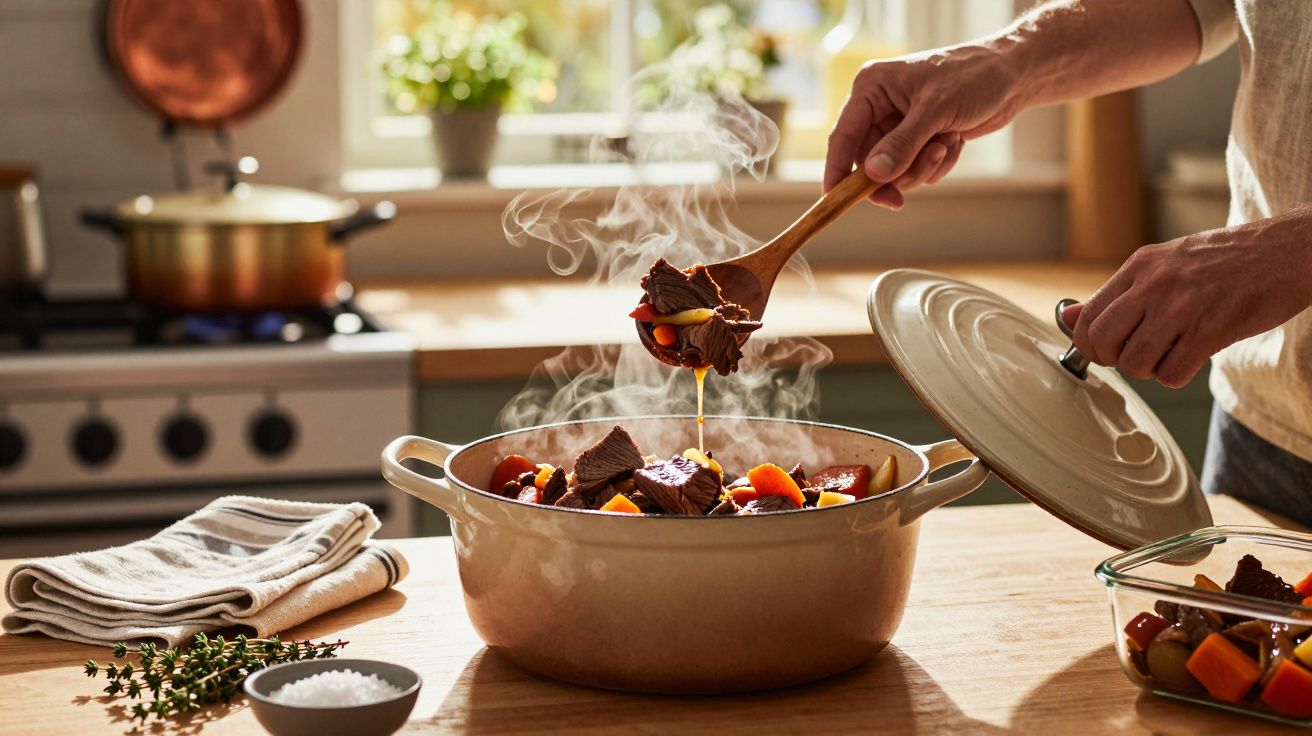 Pessoa mexendo ensopado quente com carne e legumes em panela de cerâmica na cozinha iluminada.
