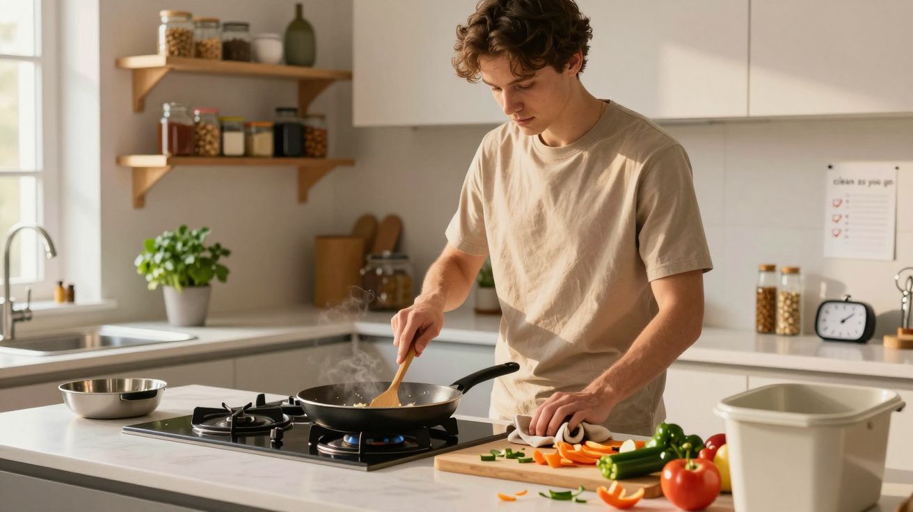 Jovem cozinhando e cortando legumes frescos em uma cozinha moderna e bem iluminada.