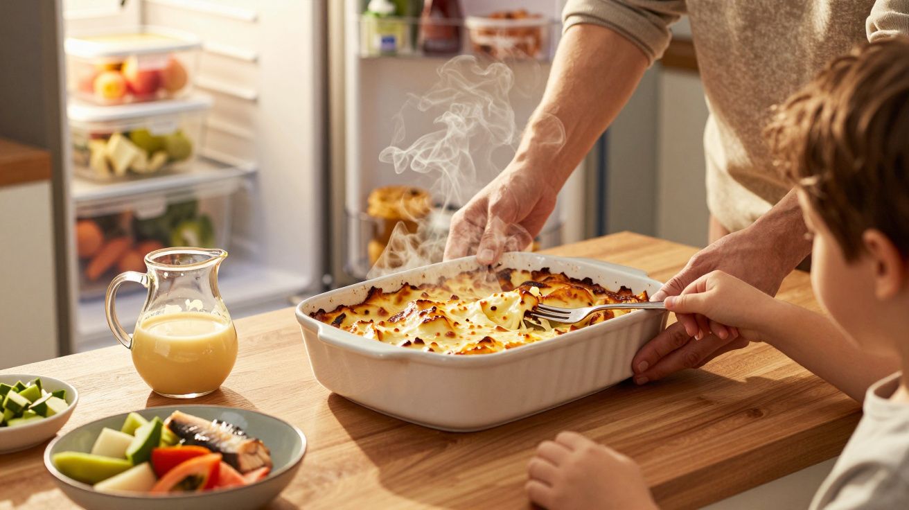 Pessoa servindo lasanha quente para criança em cozinha com frutas e legumes em pratos próximos.